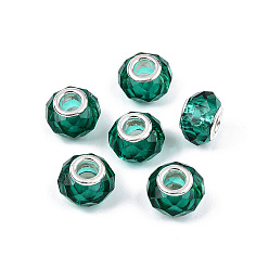 чирок Прозрачное стекло европейские шарики, бусины с большим отверстием, с медными сердечниками, граненые, рондель, зелено-синие, 13.5~14x9~9.5 мм, отверстие : 5 мм