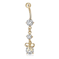 Transparent Piercing-Schmuck, umweltfreundlicher kubischer Zirkiona-Nabelring aus Messing, Bauchringe, mit 304 Edelstahlleiste, Schleife, Transparent, 45 mm, Anhänger: 23x9 mm, Stift: 1.5 mm