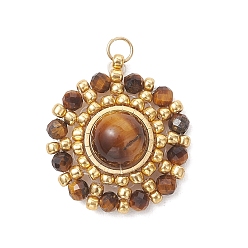 (932FM) Темно-синий аква-матовый с подкладкой Подвески из натурального тигрового глаза, ограненного в круглые круглые грани, и золотистого стеклянного бисера., подвески в виде солнца с открытыми соединительными кольцами из нержавеющей стали., реальный 304 k позолоченный, темно-золотистые, 18 мм, отверстие : 26x21x8 мм