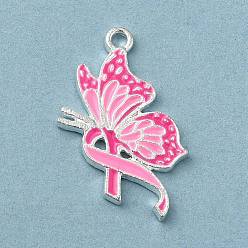 Бабочка Розовая лента осведомленности о раке молочной железы, подвески из сплава с эмалью, серебряные, бабочка, 25.5x14x1.5 мм, отверстие : 1.5 мм