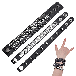 Черный 3шт. браслеты из искусственной кожи в стиле панк, заклепки браслетов, чёрные, 15~29 мм, 8-5/8 дюйм (22 см)