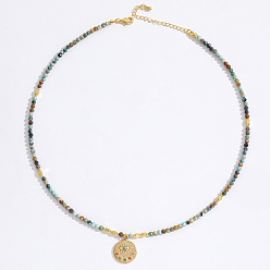 Африканский Бирюза(яшма) Кулон из нержавеющей стали в виде сглаза, ограненный круглый натуральный африканский бирюзовый (яшма) бусы для женщин, ионное покрытие (IP)., золотые, 15.75 дюйм (40 см)