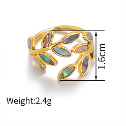 Золотой 304 Открытые кольца-манжеты из нержавеющей стали с натуральными ракушками для женщин, лист, золотые, 16 мм, внутренний диаметр: регулируемый