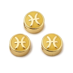Рыбы Латунные бусины, с эмалью, плоские круглые с созвездием, реальный 18 k позолоченный, шампанское желтый, Рыбы, 10x5 мм, отверстие : 4.5x2.5 мм