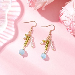 Золотой Глаза кота болтаться серьги, круглые, со стеклом и ракушечным жемчугом, золотые, 52.5 мм