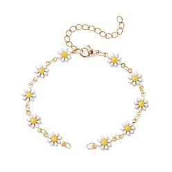 Белый Изготовление браслета-цепочки с латунной эмалью в виде цветка ромашки, с 304 из нержавеющей стали Lobster Claw застежками, золотые, белые, 6-3/8 дюйм (16.3 см)