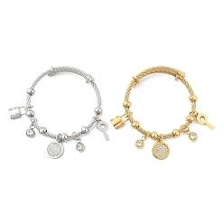 Mixed Color 304 Stainless Steel Bangles, with Rhinestone, Flat Round & Lock & Key, Mixed Color, 2-1/4 inch(5.7cm), Pendant: 10~20x7~15x2~5mm
