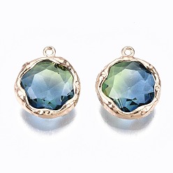 Стально-синий Стеклянные прелести, с латунной фурнитурой , плоско-круглые, золотой свет, стальной синий, 14x12x4.5 мм, отверстие : 1 мм