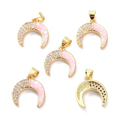 Pink Real 18K Gold Plated Brass Micro Pave Clear Cubic Zirconia Pendants, with Shell Filled in Enamel, Long-Lasting Plated, Double Horn/Crescent Moon, Pink, 16x15x3.5mm, Hole: 4.5x3.5mm