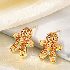 Gingerbread Man Рождественская стойка позолоченная латунь кубический цирконий серьги-гвоздики, с эмалью, реальный 18 k позолоченный, долговечный, без свинца и без кадмия, Колобок, 18.5x15 мм