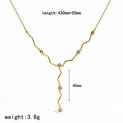 Flat Round 304 Stainless Steel Pave Clear Cubic Zirconia Y Tassel Necklaces, Real 18K Gold Plated, Flat Round, 16.93 inch(43cm)