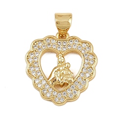 Настоящее золото 18K Латунные микро проложить кубического циркония подвески, без кадмия и без свинца, религия, сердце, реальный 18 k позолоченный, 18.5x17.5x2.5 мм, отверстие : 4.5x3.5 мм