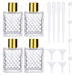 Oro 4unidades de botellas de vidrio con atomizador para viaje, contenedor recargable, Rectángulo, 4 piezas 3 ml gotero de plástico desechable, 4Juego de tapas de repuesto para botellas con bomba de plástico, tolva de embudo de plástico transparente, oro, 4 cm, capacidad: 6.5x3.3x11.4 ml (100 fl. oz)