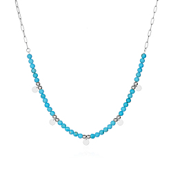 Серебро Минималистичные круглые бусины из натурального окрашенного камня, украшения из нержавеющей стали для ежедневного ношения женщинами, глубокое синее небо, серебряные, 16.54 дюйм (42 см)