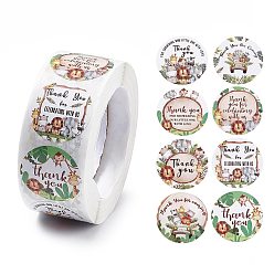 Colorful 8 Patterns Paper Thank You Gift Sticker Rolls, Round Dot Decals for DIY Scrapbooking, Craft, Lion Pattern, Colorful, 25mm, 500pcs/roll