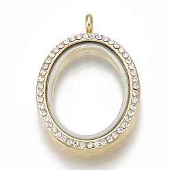 Golden Alloy Magnetic Locket Pendants, with Rhinestone and Glass, Oval, Crystal, Golden, 38.5x26.5x8mm, Hole: 3.5mm, Inner Measure: 23x18mm
