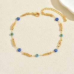 Evil Eye Браслеты на ногу из богемской латуни с круглыми бусинами и звеньями из смолы для летнего отпуска, золотые, синие, злые глаза, 8-1/4 дюйм (210 мм)