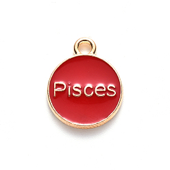 Pisces Alloy Enamel Pendants, Flat Round with Constellation, Light Gold, Red, Pisces, 15x12x2mm, Hole: 1.5mm, 100pcs/Box
