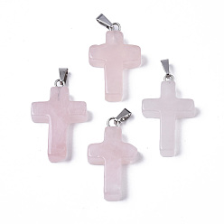 Rose Quartz Natural Rose Quartz Pendants, Dyed, with Brass Pinch Bails, Platinum Plated, Cross, 26~30.5x15.5~19.5x4~6mm, Hole: 3x6mm