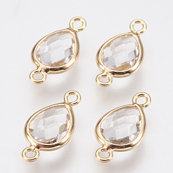 Clear Glass Links connectors, with Brass Findings, Faceted Teardrop, Nickel Free, Real 18K Gold Plated, Clear, 14x7x3mm, Hole: 1.2mm