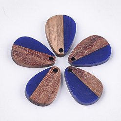 Темно-Синий Подвески из смолы и ореха, слеза, темно-синий, 21.5x14.5x3.5 мм, отверстие : 1.8 мм