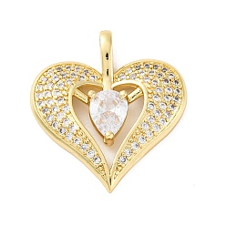Сердце Латунные микро проложить кубического циркония подвески, без кадмия и без свинца, реальный 18 k позолоченный, платина, сердце со слезой, 26.5x24.5x5.5 мм, отверстие : 3.5x5.5 мм