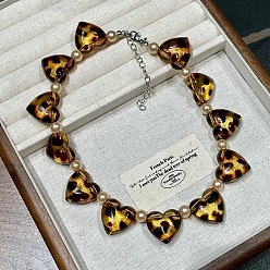 Кокосово-Коричневый Ожерелья из акриловых бусин с леопардовым принтом в виде сердечек и круглого искусственного жемчуга, с концевыми цепями из сплава, платина, кокосового коричневый, 14.17 дюйм (36 см)