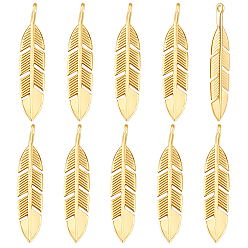 Настоящее золото 18K 10 латунные подвески шт., долговечный, перо, реальный 18 k позолоченный, 33x6.5x1.5 мм, отверстие : 1.4 мм, 10 шт / комплект