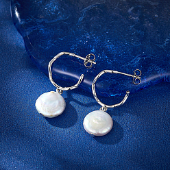 Platine Boucles d'oreilles pendantes en argent sterling plaqué rhodium en forme de C, avec perles rondes plates naturelles, platine, 925mm