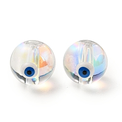 White Transparent Glass Beads, with Enamel, Round with Evil Eye Pattern, White, 10~10.5x9mm, Hole: 1.6mm