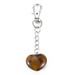 Tiger Eye Natural Tiger Eye Keychain, with Brass Lobster Claw Clasps and Iron Chains, Heart, Platinum, 80~86mm