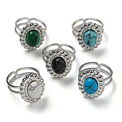 Нержавеющая Сталь Цвет 304 открытые манжеты из нержавеющей стали, Овальные кольца на палец из синтетического малахита и бирюзы для женщин и мужчин, цвет нержавеющей стали, регулируемый
