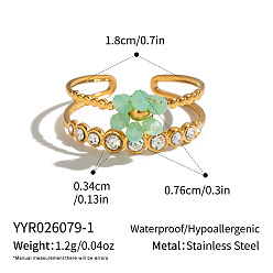 Aquamarine 304 Stainless Steel Rhinestone Cuff Open Rings for Women, Flower, with Glass, Real 18K Gold Plated, Aquamarine, 7.6mm, Inner Diameter: 18mm