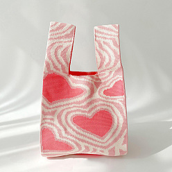 Pink Polyester Heart Print Knitted Tote Bags, Cartoon Crochet Handbags for Women, Pink, 36x20cm