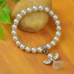 White Lovely Wedding Dress Angel Bracelets for Kids, Carnival Stretch Bracelets, with Glass Pearl Beads and Tibetan Style Beads, White, 45mm