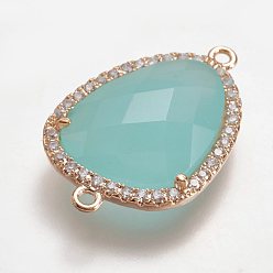 Бирюза Латунные микро проложить кубических ссылки циркония, с имитационным нефритовым граненым стеклом, треугольные, золотой свет, бирюзовые, 23.5x15x5.5 мм, отверстие : 1 мм