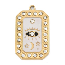 Белый 304 нержавеющей стальной эмали подвески, со стразами, прямоугольник с шармом в виде глаз, реальный 18 k позолоченный, ионное покрытие (ip), белые, 26.5x16x2 мм, отверстие : 1.6 мм