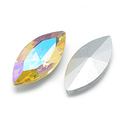 Gold Pointed Back Glass Rhinestone Cabochons, Back Plated, Faceted, AB Color Plated, Horse Eye, Gold, 15x7x4mm