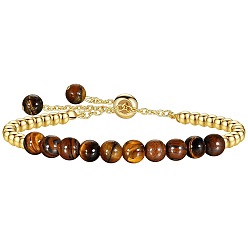 Tiger Eye Natural Tiger Eye 304 Stainless Steel Round Beaded Adjustable Slider Bracelets for Men Women, Real 18K Gold Plated, 6.30 inch(16cm)