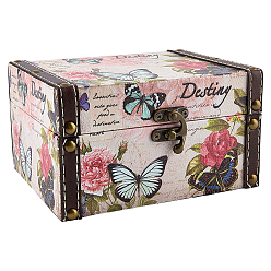 Разноцветный Винтажные деревянные шкатулки для украшений с принтом в виде бабочек, декоративные сундуки с сокровищами, с защелкой, прямоугольные, красочный, 16x13.2x9~9.35 см