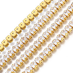 Clear Square Cubic Zirconia Strass Chains, Gold Plated Brass Link Chains, Cadmium Free & Lead Free, Soldered, with Spool, Clear, 3.5mm, about 16.40 Feet(5m)/Roll