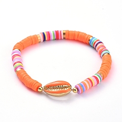Dark Orange Handmade Polymer Clay Heishi Bead Stretch Bracelets, with Brass Beads and Cowrie Shell Shape Alloy Enamel Beads, Dark Orange, 2-1/4 inch(5.8cm)