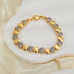 Золотой Элегантные браслеты-цепочки в форме сердца, ювелирные изделия из латуни с микро-паве из прозрачного кубического циркония для женщин, золотые, Сердце: 1/4x3/8 дюйм (0.8x0.9 см), внутренний диаметр: 5-1/2 дюйм (14 см)