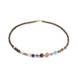 Унакит Натуральные и синтетические драгоценные камни из бисера ожерелья, с латунными шариками и 304 застежками из лобстера из нержавеющей стали, вселенная галактика девять планет звезда натуральный камень, 19.1~19.5 дюйм (48.7~49.6 см)