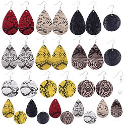 Mixed Color DIY Earring Making, with PU Leather Pendants, Brass Earring Hooks and Iron Jump Rings, teardrop, and Flat Round with Snakeskin Pattern, Mixed Color, 40~57.5x1.5mm, Hole: 2mm