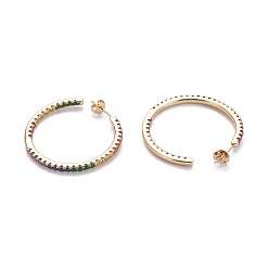 Echt 18 k vergoldet Messing-Mikro pflastern Zirkonia Bolzenohrringe, halbe Creolen, mit Messingmuttern, Ring, Farbig, echt 18 k vergoldet, 34~35x2 mm, Stift: 0.7 mm