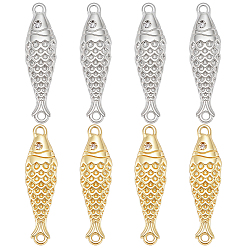 Platinum & Golden 8Pcs 2 Colors Brass Micro Pave Clear Cubic Zirconia Fish Connector Charms, Long-Lasting Plated, Rack Plating, Lead Free & Cadmium Free, Ion Plating(IP), Platinum & Golden, 27.5x7x38mm, Hole: 1.4mm, 4pcs/color