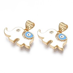 White Brass Micro Pave Clear Cubic Zirconia Pendants, with Enamel, Nickel Free, Real 18K Gold Plated, Elephant, White, 13x21x2mm, Hole: 3x5mm
