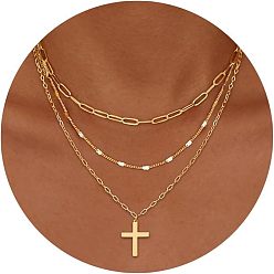 Золотой 3 шт. латунная цепочка-скрепка 3 многослойные подвески для женщин, бантом, крестик, золотые, 15.75 дюйм (40 см)