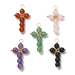 Mixed Stone Natural Mixed Gemstone Round Copper Wire Wrapped Pendants, Cross Charms with Brass Round Beads, Golden, 37.5~39.5x21~22.5x6.5~7mm, Hole: 4mm